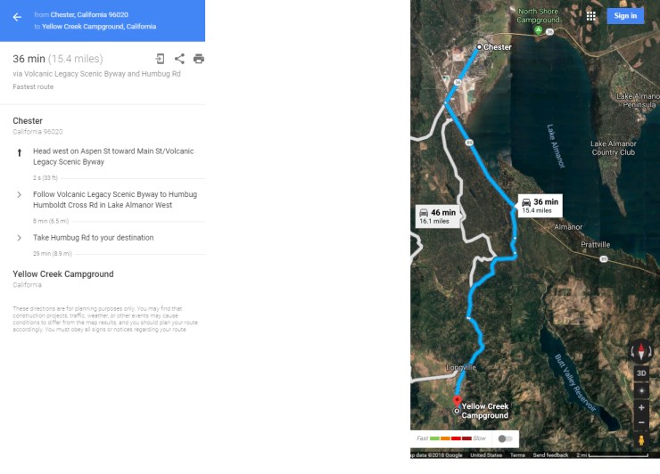 Google Maps - Chester-California-to Yellow-Creek-Campground
